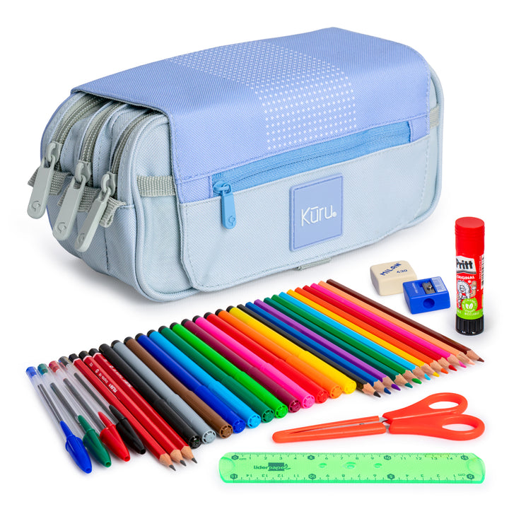 ColePack Kuru24 - Estuche Triple de 3 Cremalleras con Material Escolar Incluido. Azul