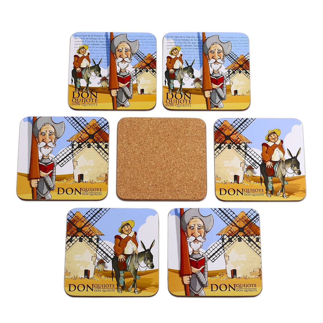 JAVIER Quijote - Set de 6 Posavasos Cuadrados en Madera y Corcho