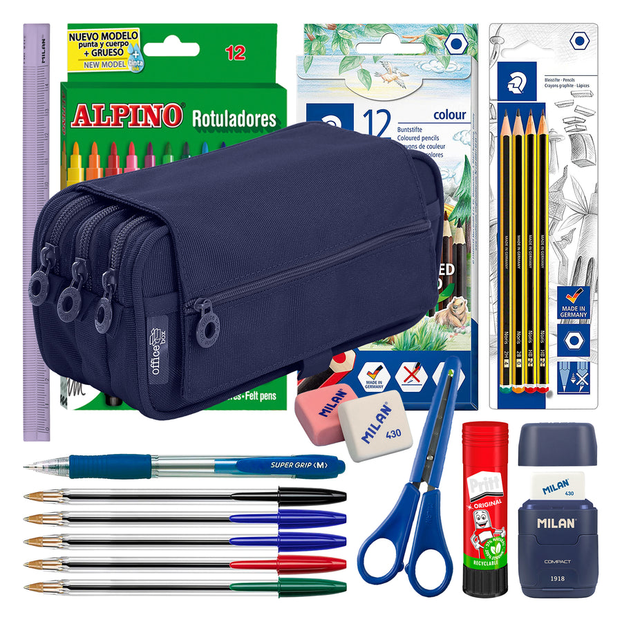 ColePack23 - Estuche Triple de 3 Cremalleras con Material Escolar Incluido. Azul Marino