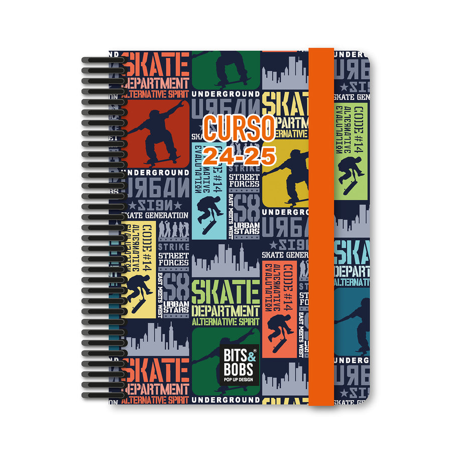 Grafoplás - Agenda Escolar A6 Día Página Curso 24-25. Acabado Soft y Pegatinas. Skate