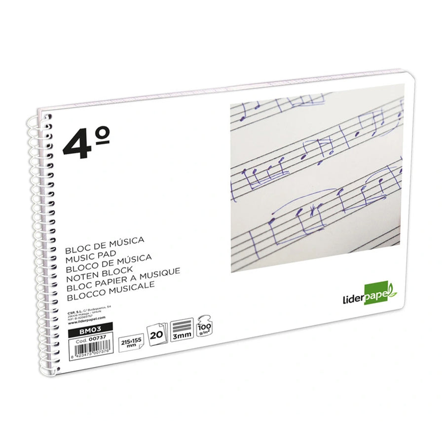 LIDERPAPEL - Libreta Bloc de Música Pentagrama 3mm Cuarto 20 Hojas