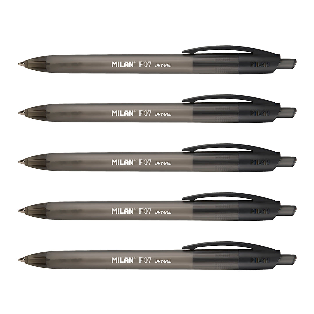 MILAN - Pack de 5 Bolígrafos Roller P07 Dry-Gel. Tinta Base Aceite Secado Rápido. Negro