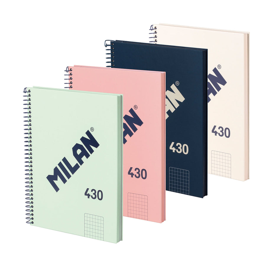 MILAN 430 - Pack 4 Cuadernos A5 Espiral y Tapa Dura. Papel Cuadriculado 80 Hojas 95gr