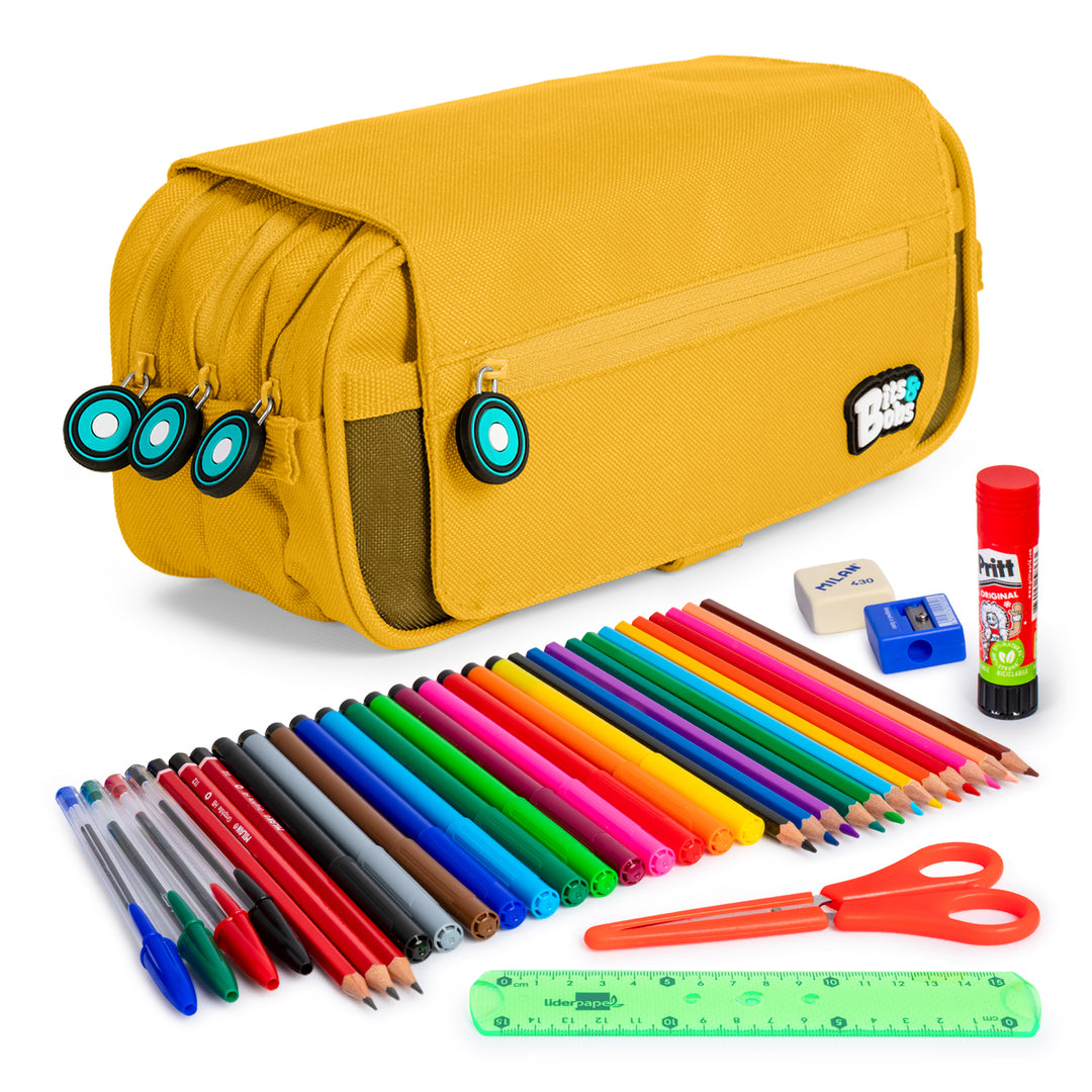 ColePack EcoBB - Estuche Triple de 3 Cremalleras con Material Escolar Incluido. Amarillo