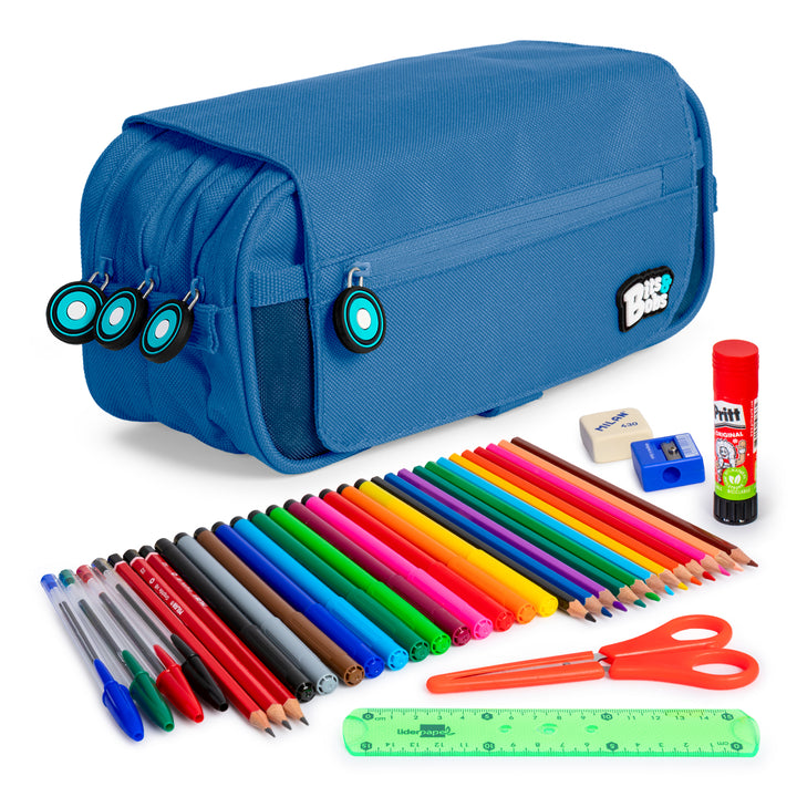 ColePack EcoBB - Estuche Triple de 3 Cremalleras con Material Escolar Incluido. Azul