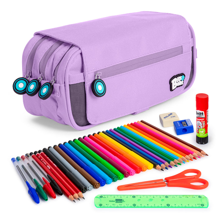 ColePack EcoBB - Estuche Triple de 3 Cremalleras con Material Escolar Incluido. Lavanda