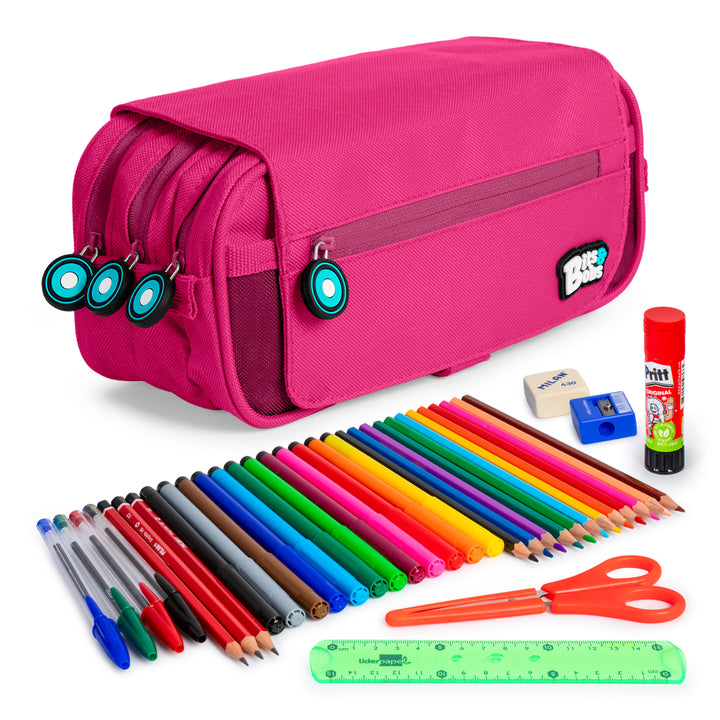 ColePack EcoBB - Estuche Triple de 3 Cremalleras con Material Escolar Incluido. Magenta