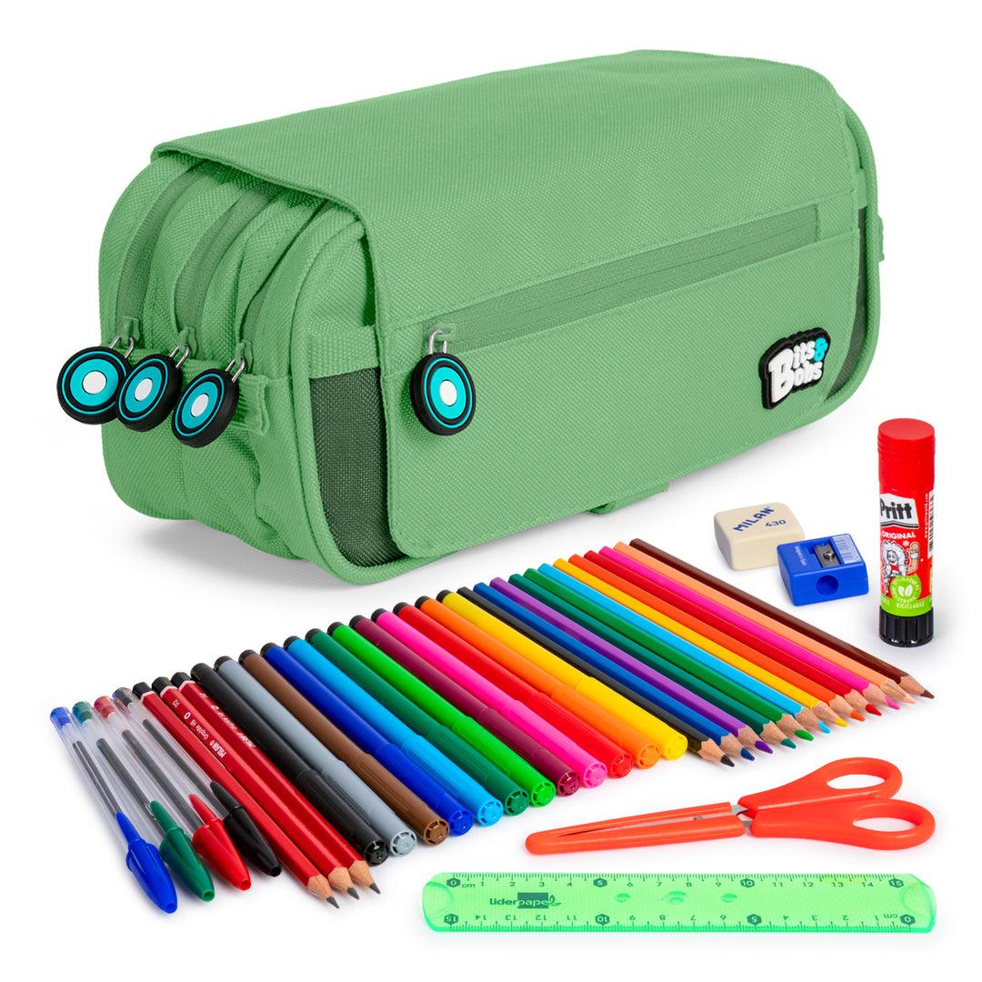 ColePack EcoBB - Estuche Triple de 3 Cremalleras con Material Escolar Incluido. Menta