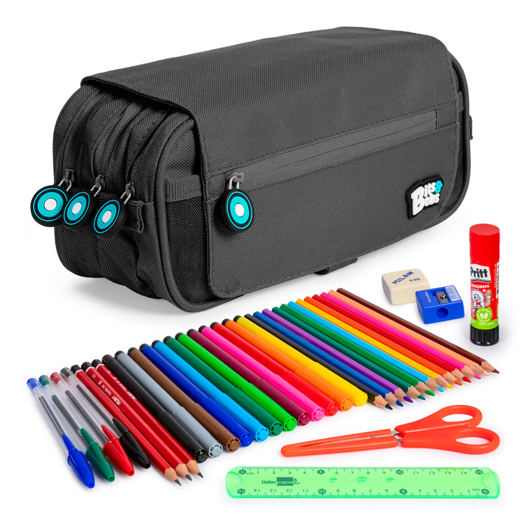 ColePack EcoBB - Estuche Triple de 3 Cremalleras con Material Escolar Incluido. Negro