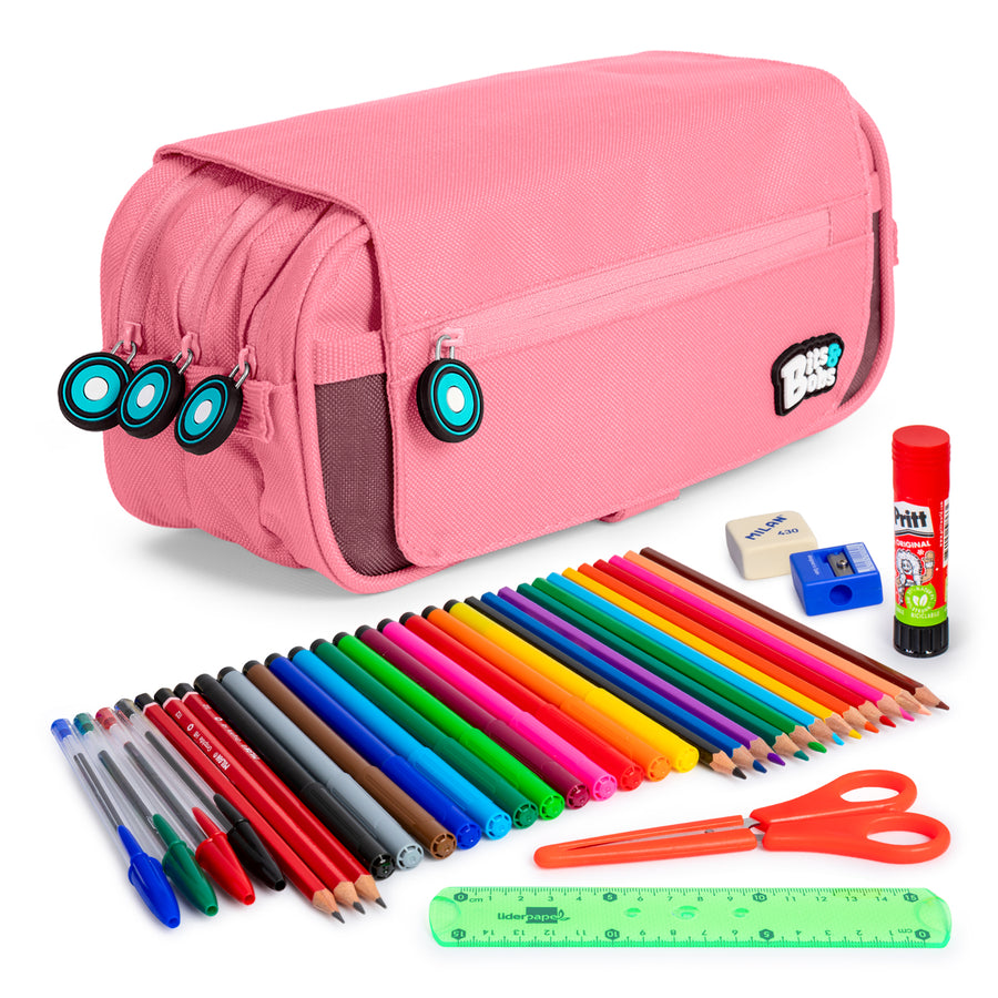 ColePack EcoBB - Estuche Triple de 3 Cremalleras con Material Escolar Incluido. Rosa Claro