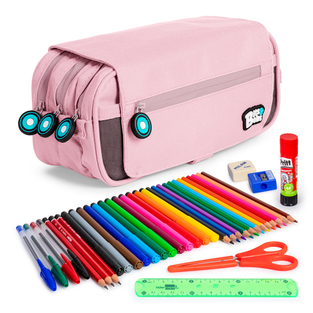 ColePack EcoBB - Estuche Triple de 3 Cremalleras con Material Escolar Incluido. Rosa Soft