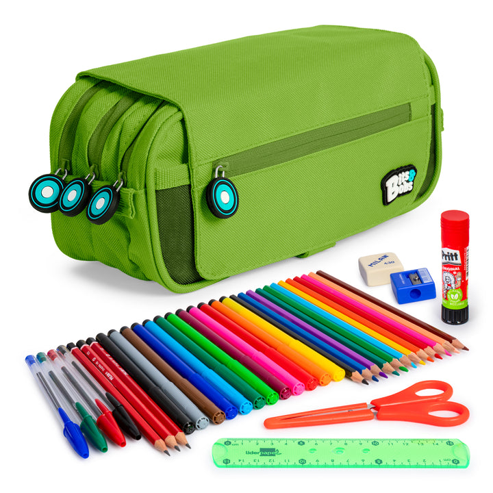 ColePack EcoBB - Estuche Triple de 3 Cremalleras con Material Escolar Incluido. Verde