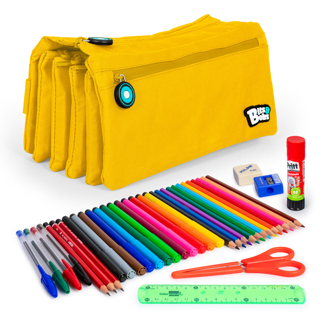 ColePack Eco36 - Estuche Cuadruple de 4 Cremalleras con Material Escolar Incluido. Amarillo