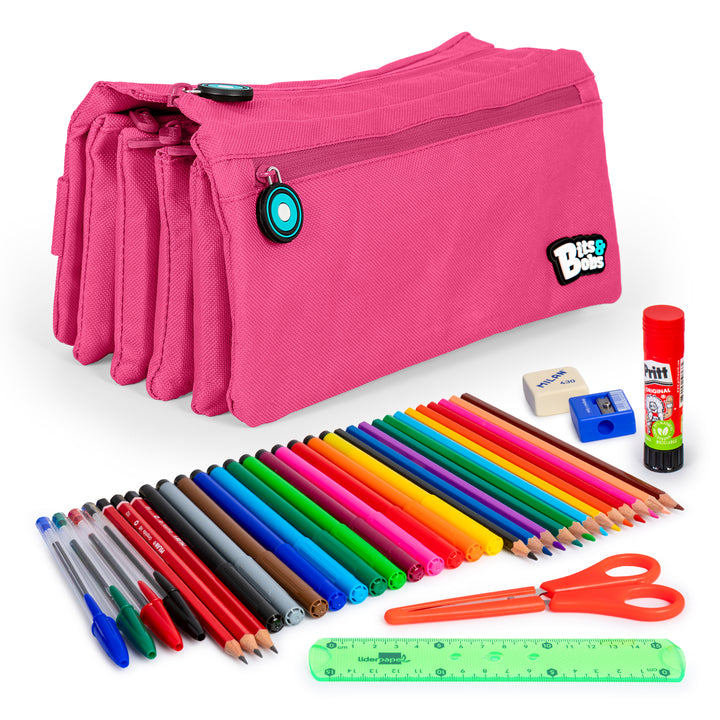 ColePack Eco36 - Estuche Cuadruple de 4 Cremalleras con Material Escolar Incluido. Fucsia