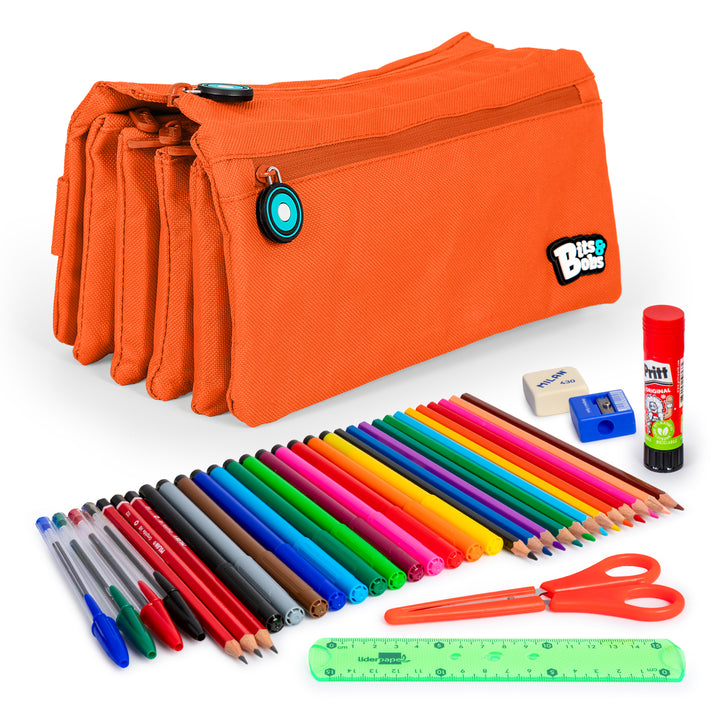 ColePack Eco36 - Estuche Cuadruple de 4 Cremalleras con Material Escolar Incluido. Naranja