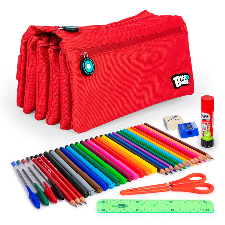 ColePack Eco36 - Estuche Cuadruple de 4 Cremalleras con Material Escolar Incluido. Rojo