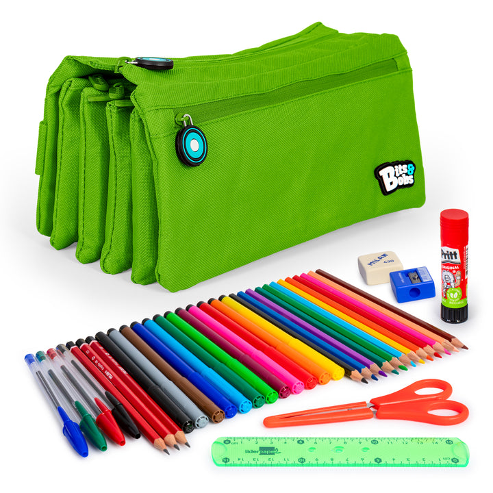 ColePack Eco36 - Estuche Cuadruple de 4 Cremalleras con Material Escolar Incluido. Verde