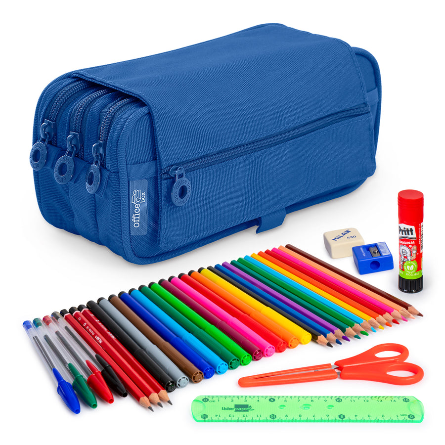 ColePack Eco - Estuche Triple de 3 Cremalleras con Material Escolar Incluido. Azul Oscuro