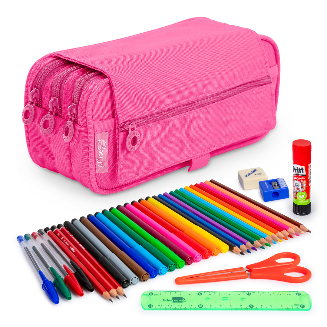 ColePack Eco - Estuche Triple de 3 Cremalleras con Material Escolar Incluido. Fucsia