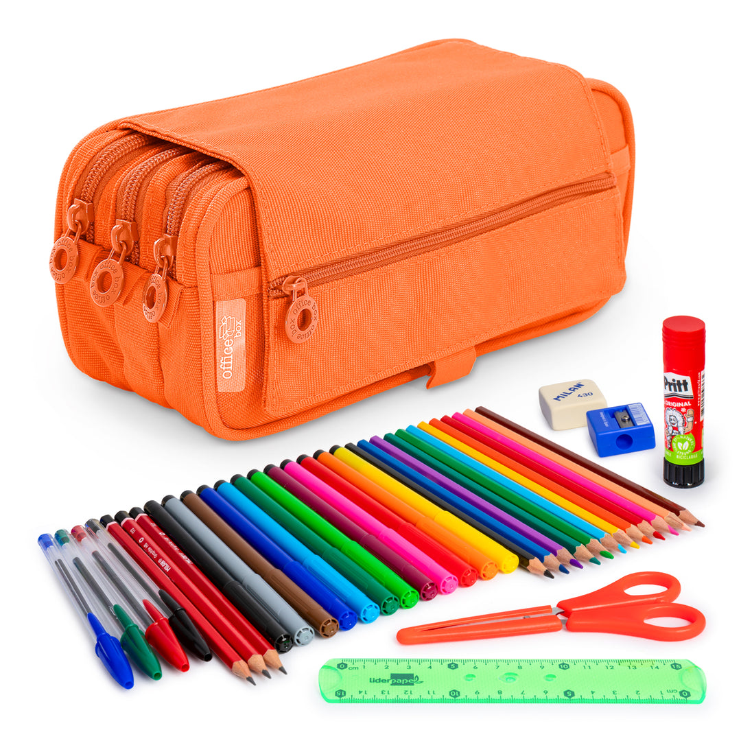 ColePack Eco - Estuche Triple de 3 Cremalleras con Material Escolar Incluido. Naranja