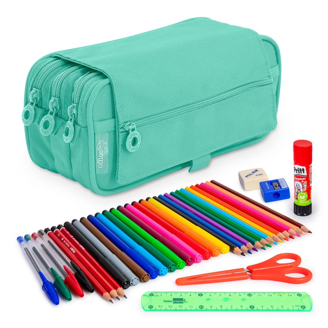 ColePack Eco - Estuche Triple de 3 Cremalleras con Material Escolar Incluido. Turquesa