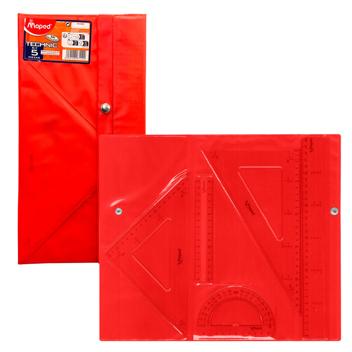 MAPED - Kit de 4 Piezas Escolares Transparentes Technic para Geometría con Bolsa con Cierre. Rojo