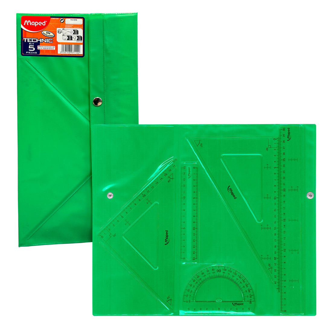 MAPED - Kit de 4 Piezas Escolares Transparentes Technic para Geometría con Bolsa con Cierre. Verde