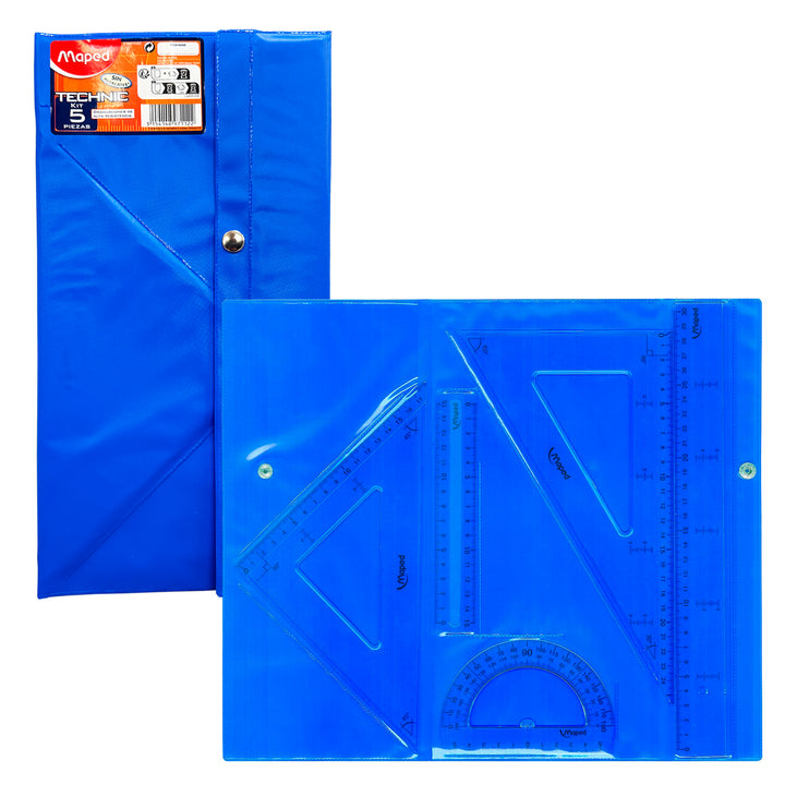 MAPED - Kit de 4 Piezas Escolares Transparentes Technic para Geometría con Bolsa con Cierre. Azul