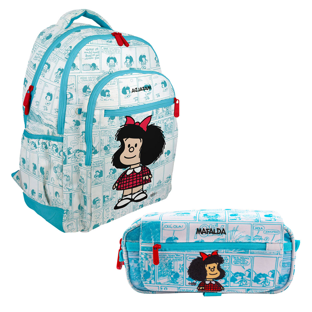 Grafoplás Mafalda - Pack Ahorro Escolar con Mochila y Estuche Triple a Juego. Viñetas