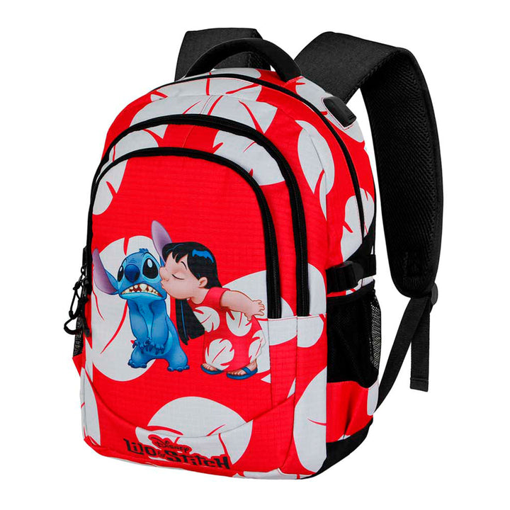 DISNEY Lilo y Stitch Kiss - Mochila Escolar Impermeable Running Plus para Portatil y USB. Rojo