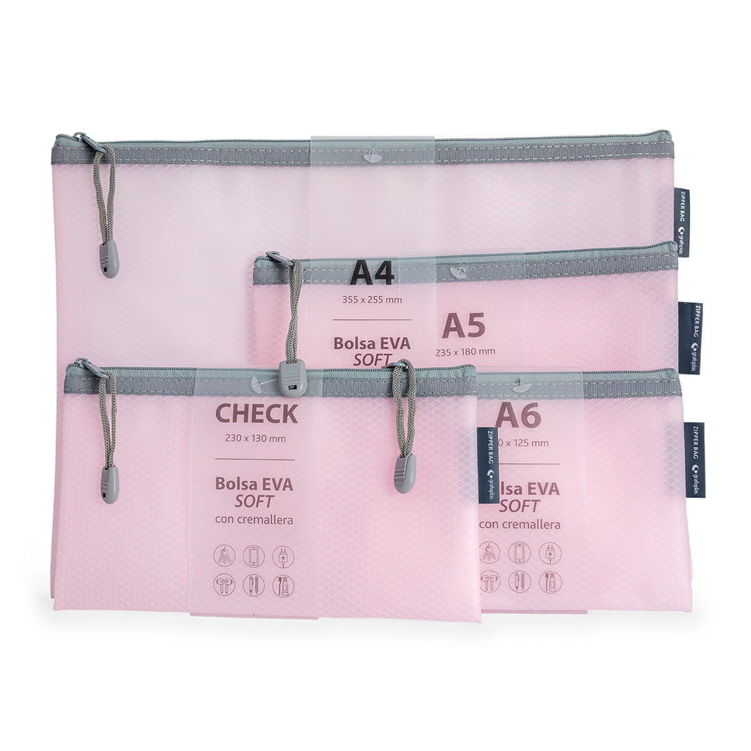 Grafoplás - Pack de 4 Bolsas Zipper con Cremallera Eva Soft Multiusos. Rosa Soft