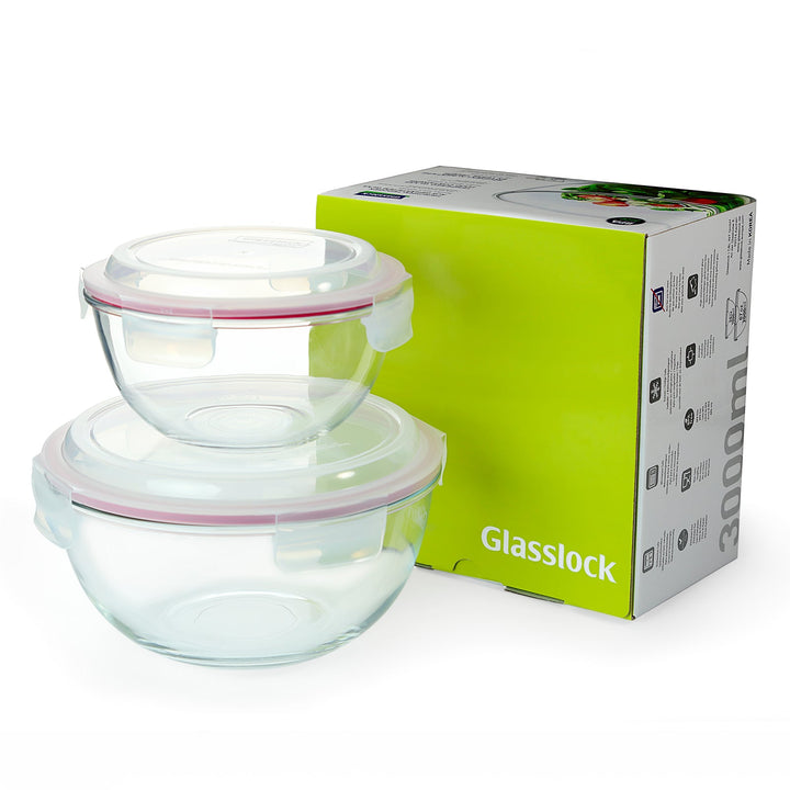 Glasslock Bowl - Set de 2 Ensaladeras Redondas con Tapa de 1L y 2L en Vidrio Templado