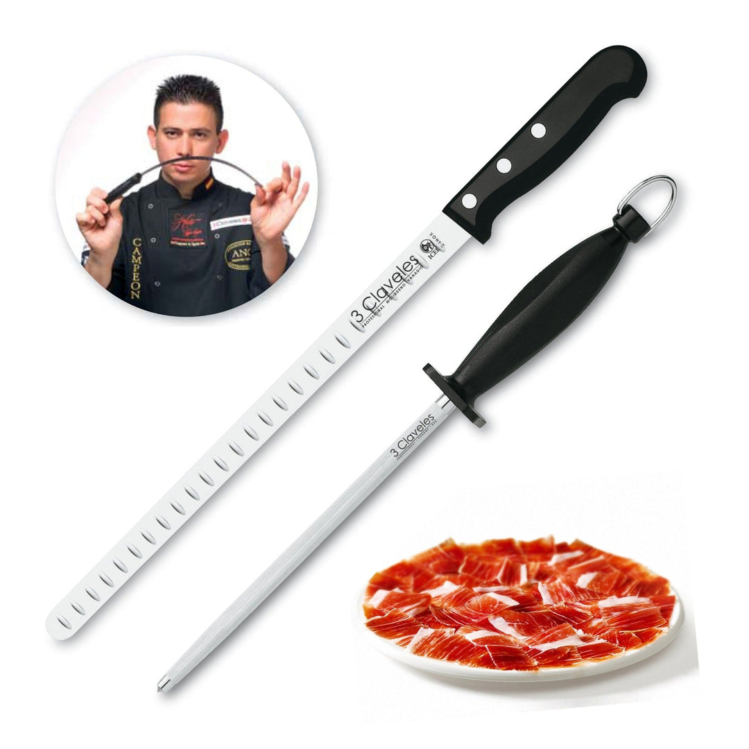 3 Claveles 00966 - Kit Cuchillo Jamonero Profesional Alveolado POM 29 CM y Chaira