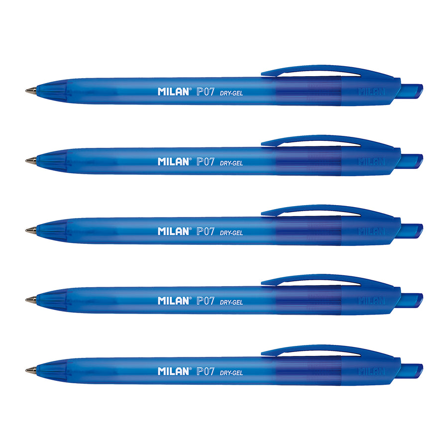 MILAN - Pack de 5 Bolígrafos Roller P07 Dry-Gel. Tinta Base Aceite Secado Rápido. Azul