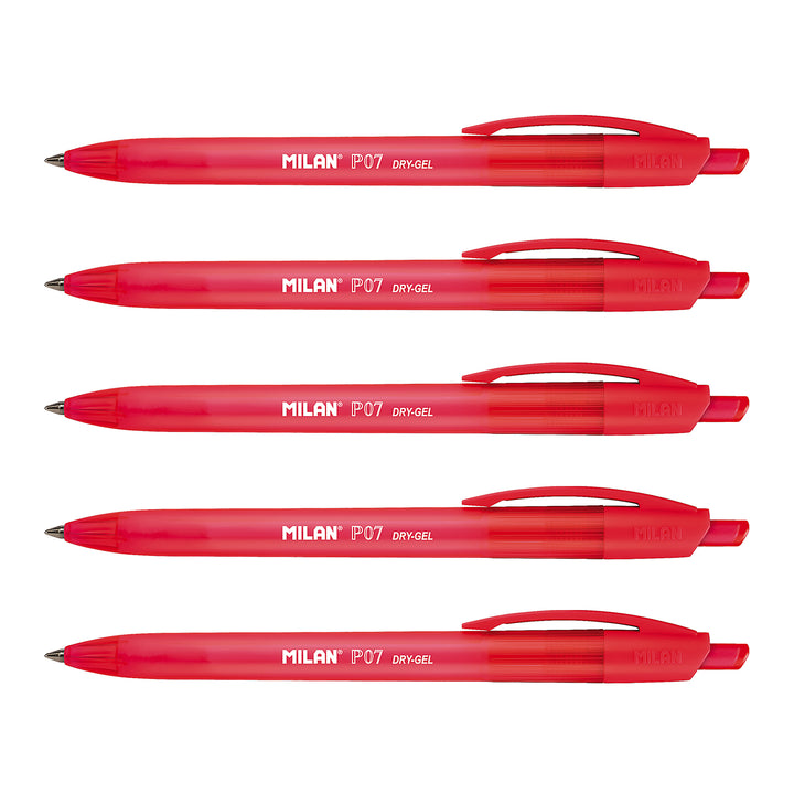 MILAN - Pack de 5 Bolígrafos Roller P07 Dry-Gel. Tinta Base Aceite Secado Rápido. Rojo