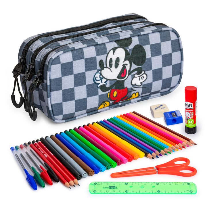 ColePack EcoTrick - Estuche Triple de 3 Cremalleras con Material Escolar Incluido. Mickey Move