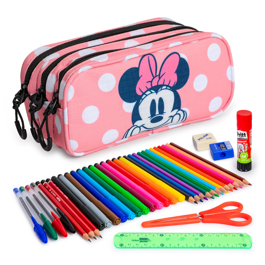 ColePack EcoTrick - Estuche Triple de 3 Cremalleras con Material Escolar Incluido. Minnie Closer