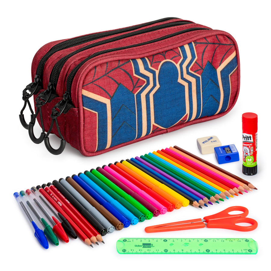 ColePack EcoTrick - Estuche Triple de 3 Cremalleras con Material Escolar Incluido. Spiderman Drop