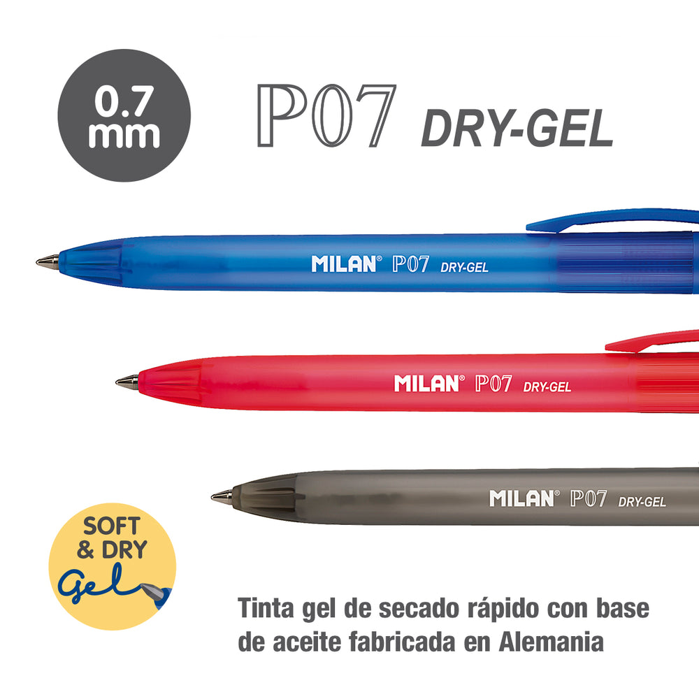 MILAN - Pack de 5 Bolígrafos Roller P07 Dry-Gel. Tinta Base Aceite Secado Rápido. Negro