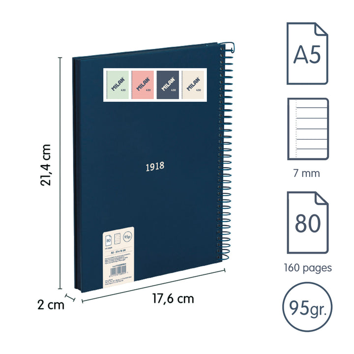 MILAN 430 - Cuaderno A5 Espiral y Tapa Dura. Papel Pautado 80 Hojas 95gr Azul