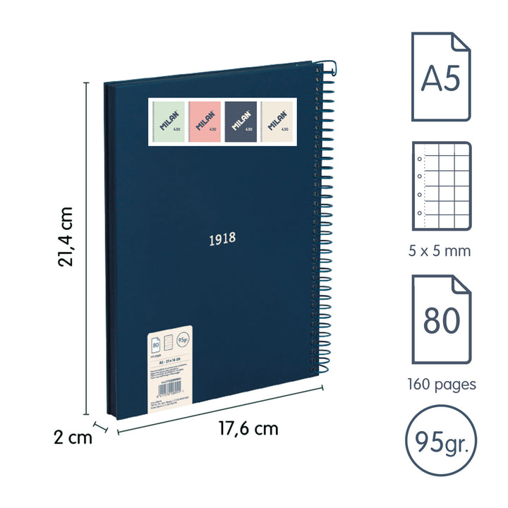 MILAN 430 - Cuaderno A5 Espiral y Tapa Dura. Papel Cuadriculado 80 Hojas 95gr Azul