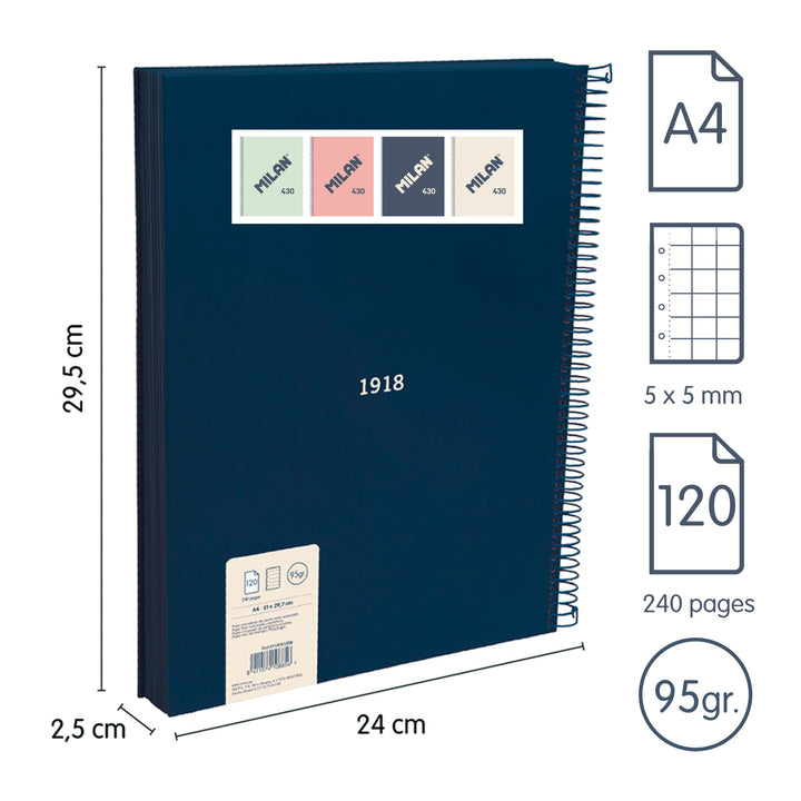 MILAN 430 - Cuaderno A4 Espiral y Tapa Dura. Papel Cuadriculado 120 Hojas 95gr Azul