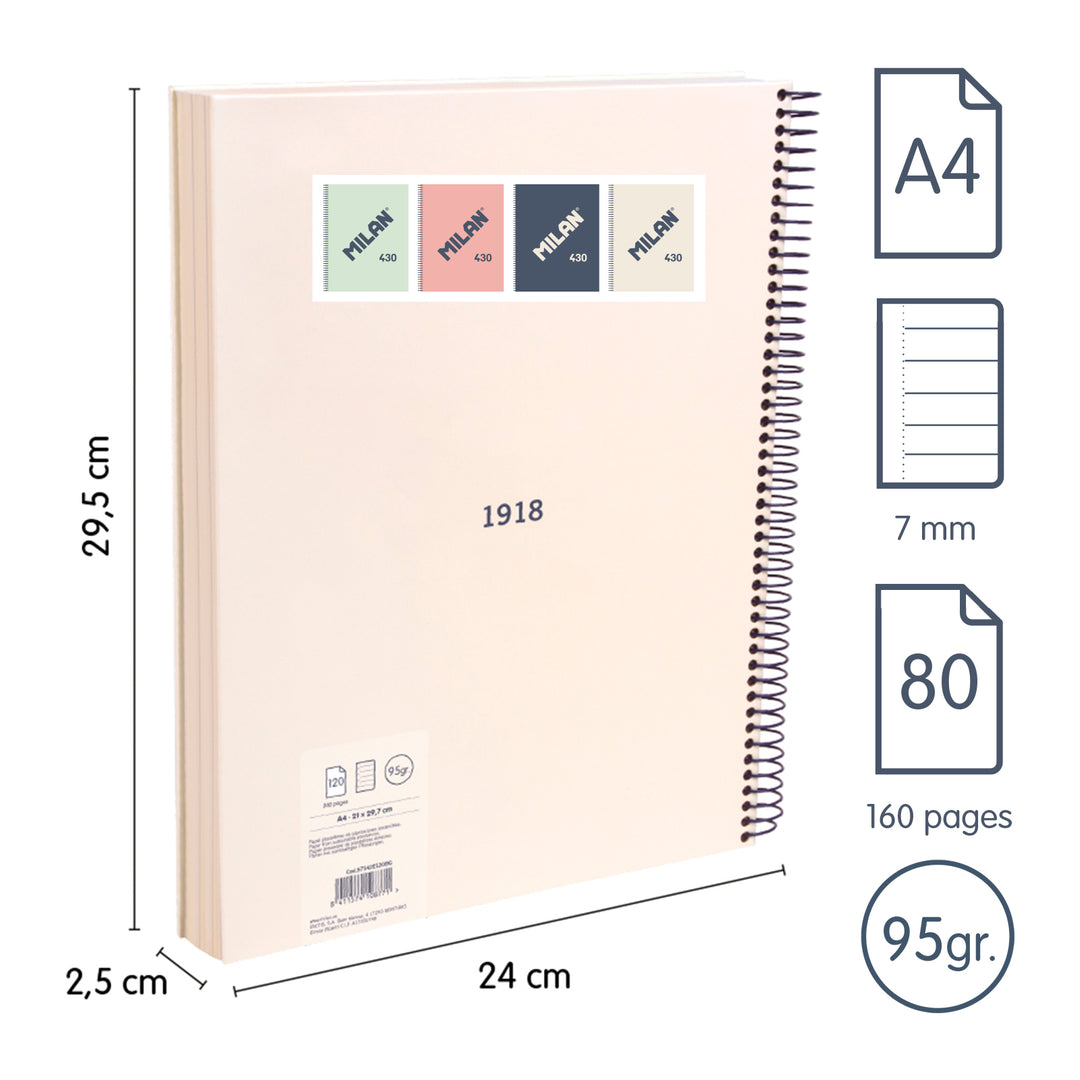 MILAN 430 - Cuaderno A5 Espiral y Tapa Dura. Papel Pautado 80 Hojas 95gr Beige