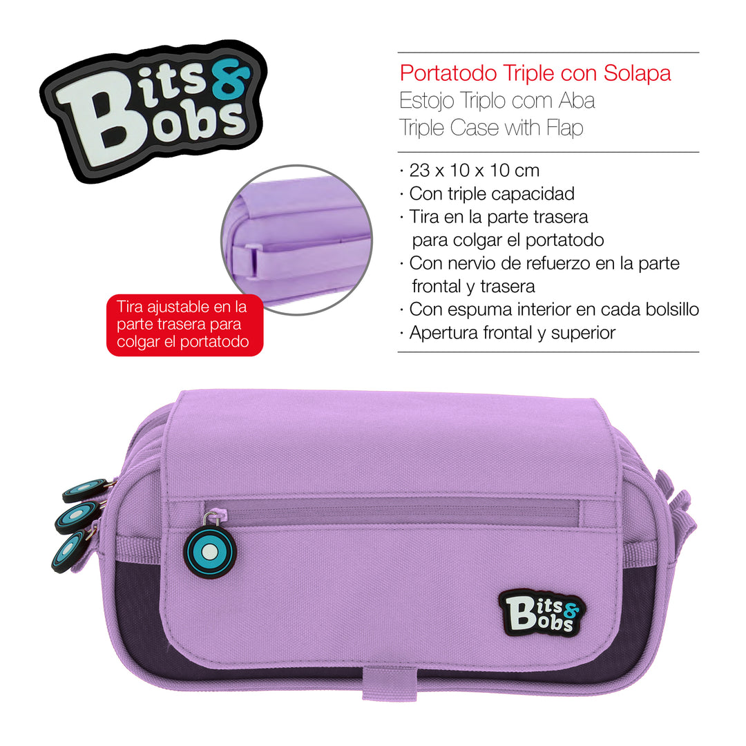 ColePack EcoBB - Estuche Triple de 3 Cremalleras con Material Escolar Incluido. Lavanda