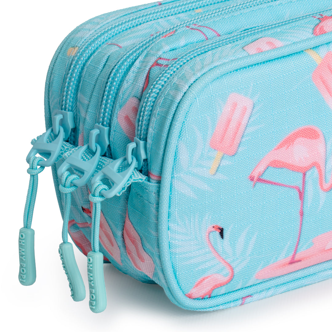 ColePack EcoTrick - Estuche Triple de 3 Cremalleras con Material Escolar Incluido. Ice Flamingo