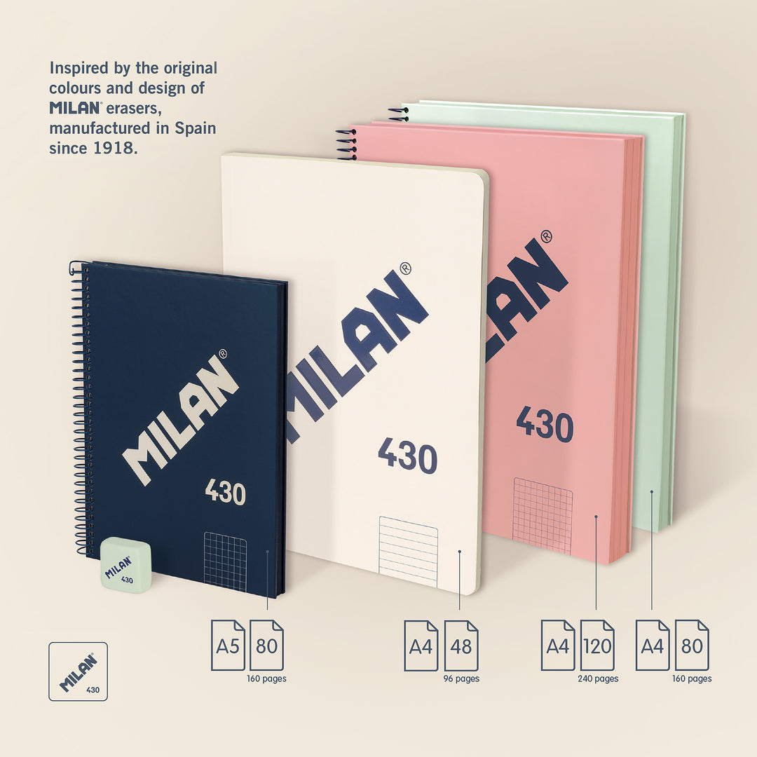 MILAN 430 - Pack 4 Cuadernos A4 Espiral y Tapa Dura. Papel Cuadriculado 80 Hojas 95gr