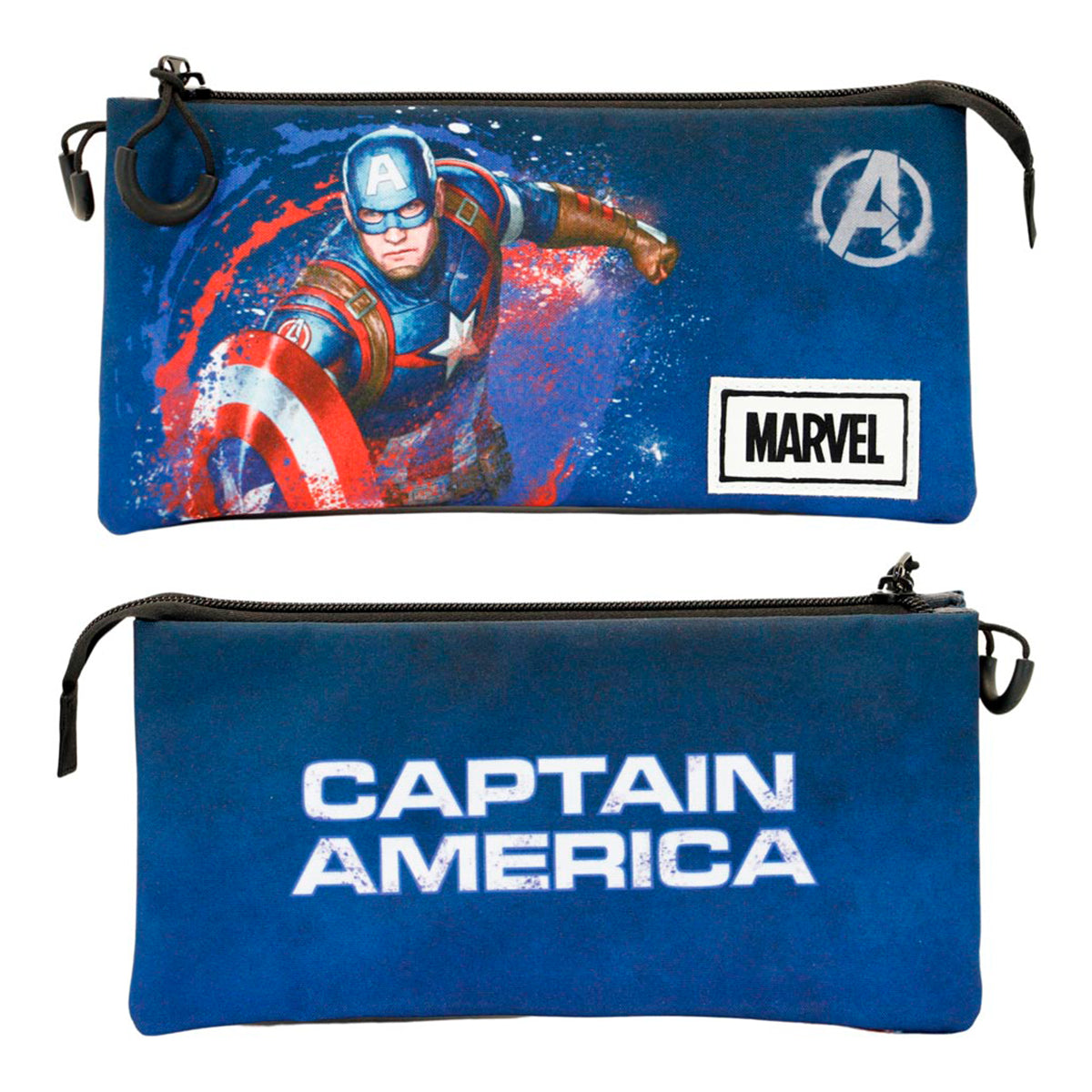 MARVEL Capitán América - Estuche Escolar Triple Portatodo con 2 Cremalleras. Azul
