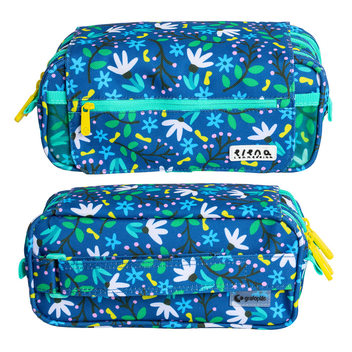 ColePack EcoDes - Estuche Triple de 3 Cremalleras con Material Escolar Incluido. Blue Garden