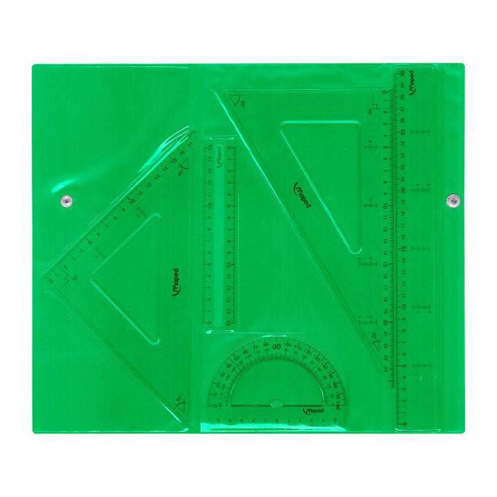 MAPED - Kit de 4 Piezas Escolares Transparentes Technic para Geometría con Bolsa con Cierre. Verde