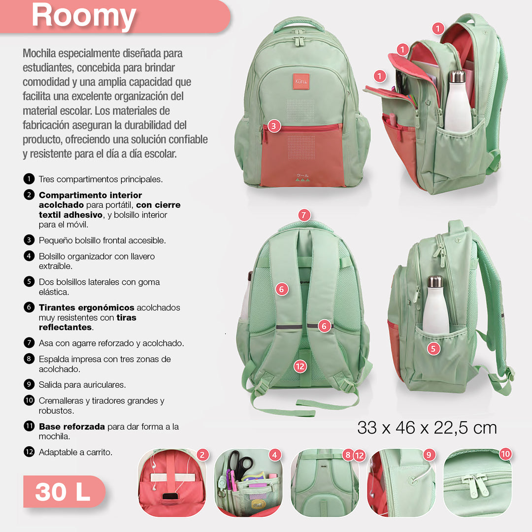 Grafoplás Kuru - Mochila Escolar 3 Cremalleras con Divisor para Portátil. Adaptable Carrito. Rosa